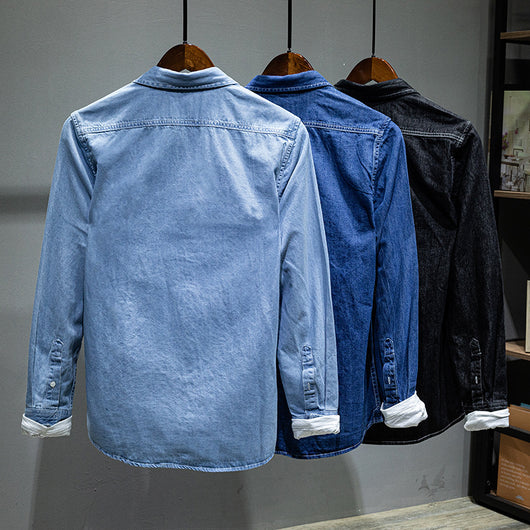 Chaqueta Camisa Denim Manga Larga Hombre Color Sólido - Image 3