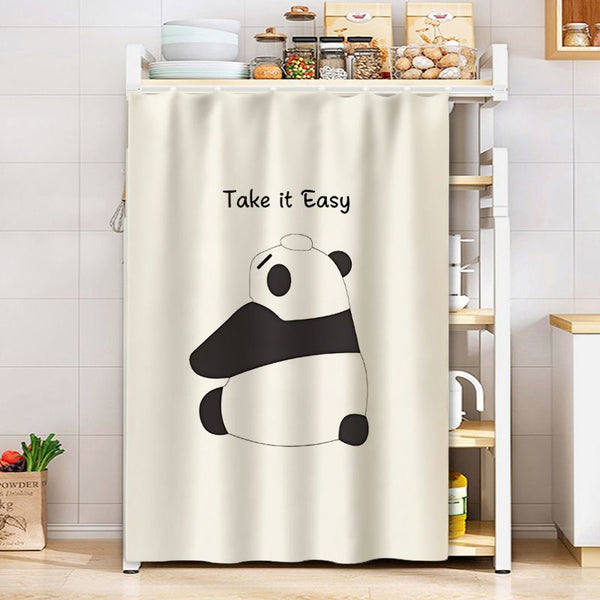 Cream dustproof curtain with a cartoon deer in red, holding a scroll, surrounded by gold coins and "GOOD LUCK" text.