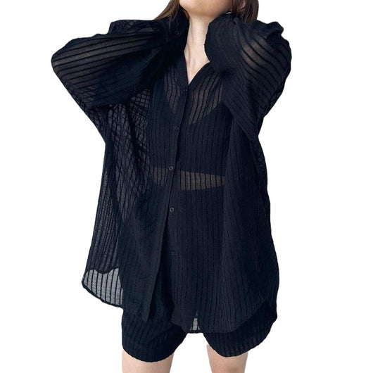Conjunto de Dos Piezas: Blusa Texturizada Manga Larga y Shorts Casuales para Verano - Image 9