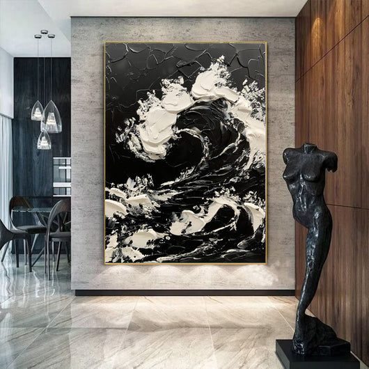 Cuadro Abstracto Olas del Mar en Blanco y Negro - Pintura al Óleo Texturizada Tamaño Grande - Image 4