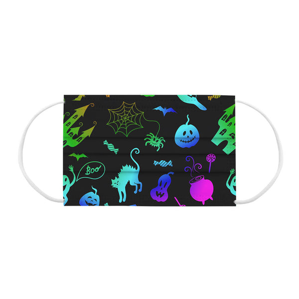 Yellow disposable face mask with black Halloween pattern including pumpkins, bats, skulls, ghosts, and gravestones. - Image 5