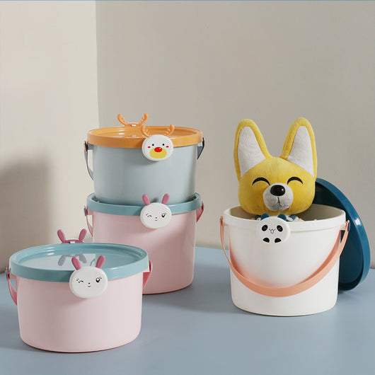 Two plastic storage buckets, one small and one large, with light blue bodies and orange lids featuring cartoon reindeer faces. - Image 28