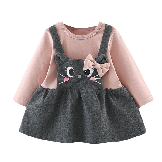 Vestido Bebé Manga Larga con Estampado de Gato con Moño