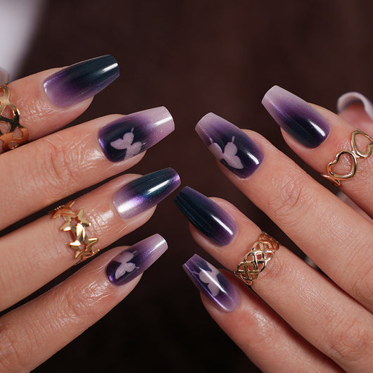 Uñas Postizas Francesas Mariposa Púrpura con Borde Negro - Stickers de Uñas Premium - Image 3