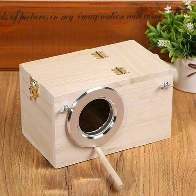 Light-colored wooden birdhouse with a circular silver metal entrance, a wooden perch, and brass-colored hardware. - Image 4