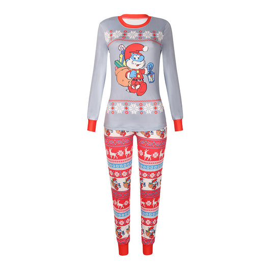 Gray and red Smurf Christmas pajama set with long-sleeved top and matching pants, featuring snowflake and reindeer prints. - Image 2