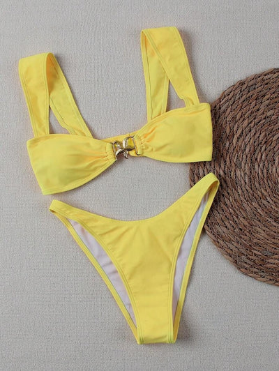 Bright yellow bikini with wide shoulder straps and a gold metal decoration on the top, worn by a woman. - Image 21