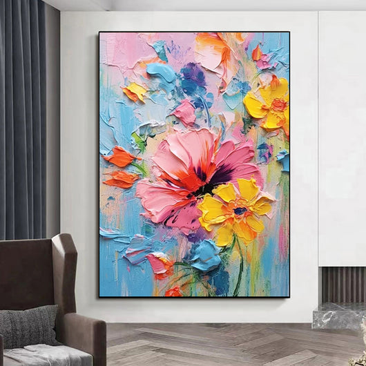 Cuadro Abstracto Flores Primavera - Pintura al Óleo Texturizada con Técnica Paleta