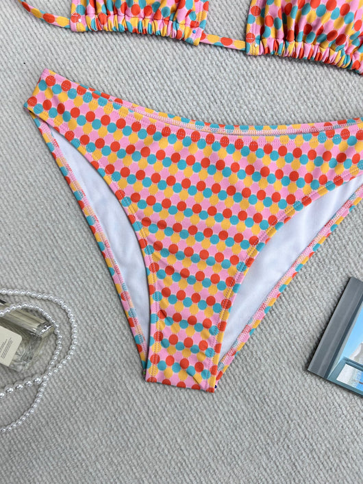 Colorful polka dot triangle-bra bikini swimsuit set with pink, yellow, orange, and blue dots. - Image 11