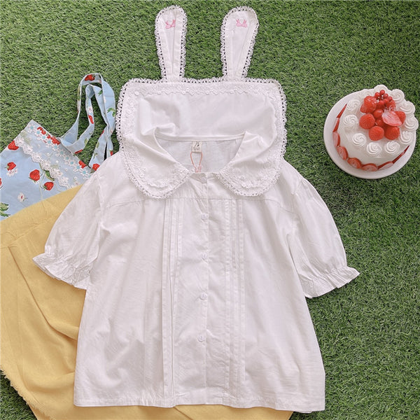 Blusa Infantil Verano con Cuello Muñeca, Orejas de Conejo y Encaje - Diseño Dulce