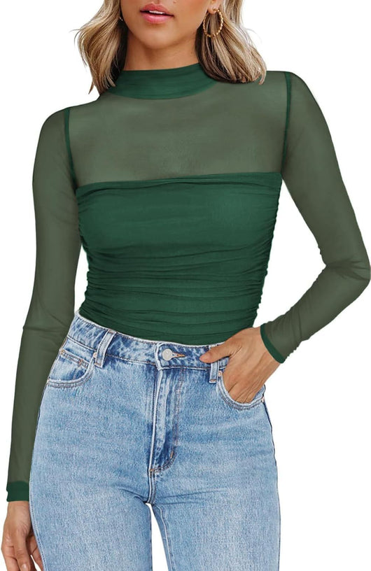 Top Sexy Cuello Malla con Detalles en Contraste - Image 16