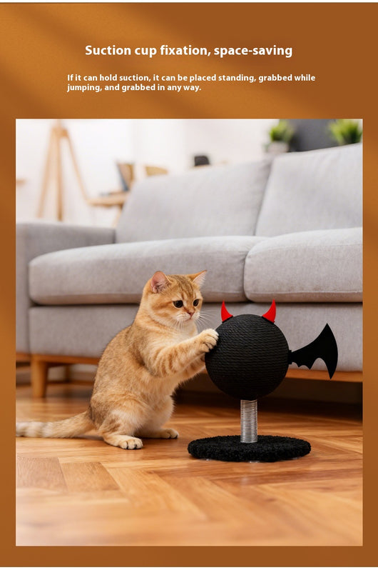 Black cat scratching toy with a sisal-wrapped ball, red devil horns, and black bat wings on a spring base. - Image 11
