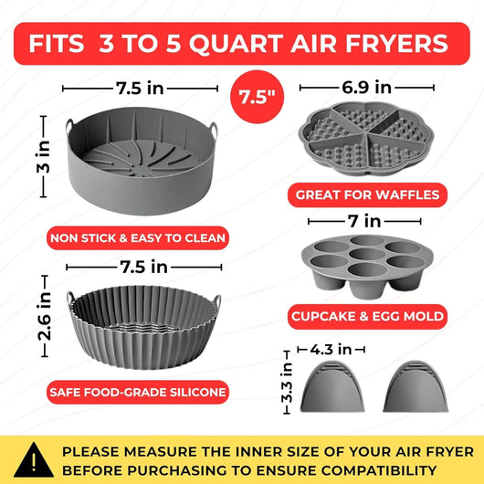 Silicone Air Fryer Liners Set of 5 – Reusable Air Fryer Liners Silicone with Egg Bite Mold, Oven Mitts – Fits 3–5 Qt Non-Stick, Food-Grade, Heat-Resistant - Tekeno
