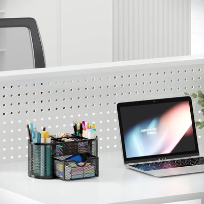Organizador de escritorio EasyPAG de malla – Multifuncional, 6 compartimientos con cajón, ideal para papelería escolar y oficina, color negro - Tekeno