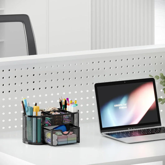 Organizador de escritorio EasyPAG de malla – Multifuncional, 6 compartimientos con cajón, ideal para papelería escolar y oficina, color negro - Tekeno