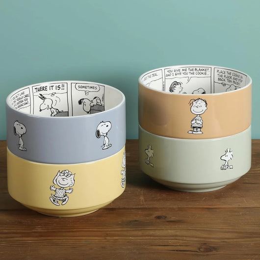 Set de 4 cuencos apilables de gres Peanuts – Snoopy y amigos, 14 cm, aptos para microondas y lavavajillas - Tekeno