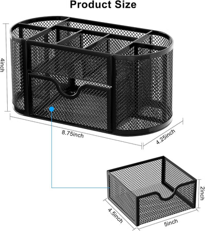 Organizador de escritorio EasyPAG de malla – Multifuncional, 6 compartimientos con cajón, ideal para papelería escolar y oficina, color negro - Tekeno