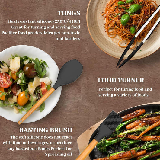 Silicone Cooking Utensils Set for Kitchen, Spoons Spatula Spatulas Accessories, Baking Heat Resistant Cookware De Home, Rubber New Apartment Decor, Plastic Nonstick Turner Tool (Black) - Tekeno