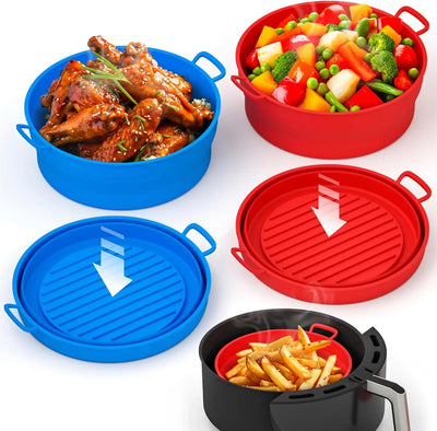 Collapsible Silicone Air Fryer Basket Liners Pot - Airfryer Liners Reusable Bowls for 3 to 5 Qt as Seen on the Today Show - Air Fryer Accessories 2 Pack - round Silicone Liners (Red & Blue) - Tekeno