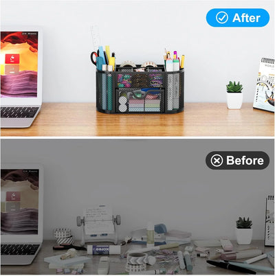 Organizador de escritorio EasyPAG de malla – Multifuncional, 6 compartimientos con cajón, ideal para papelería escolar y oficina, color negro - Tekeno
