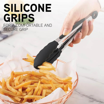 Stainless Steel Silicone Tipped Kitchen & BBQ Tongs Set, 3 Pc. Tongs, Black - Tekeno