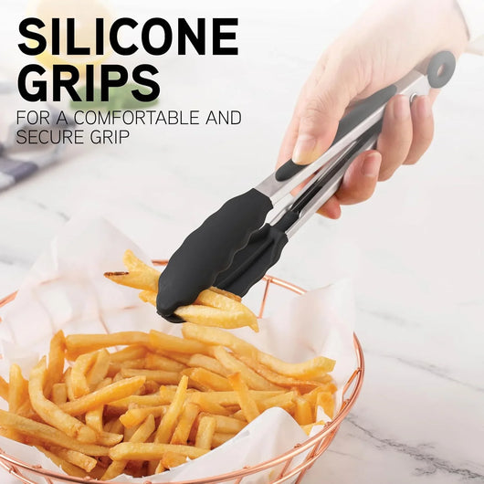 Stainless Steel Silicone Tipped Kitchen & BBQ Tongs Set, 3 Pc. Tongs, Black - Tekeno