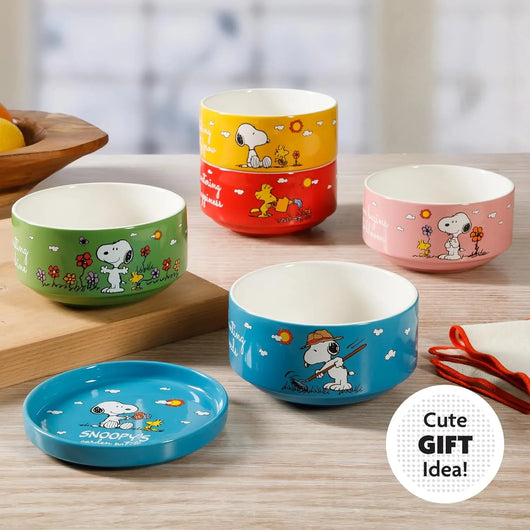 Set de 4 cuencos apilables de gres Peanuts – Snoopy y amigos, 14 cm, aptos para microondas y lavavajillas - Tekeno
