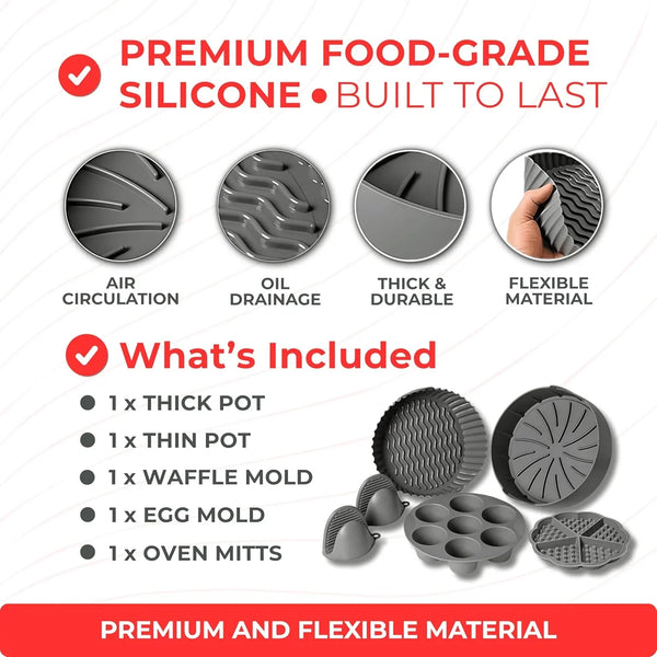 Silicone Air Fryer Liners Set of 5 – Reusable Air Fryer Liners Silicone with Egg Bite Mold, Oven Mitts – Fits 3–5 Qt Non-Stick, Food-Grade, Heat-Resistant