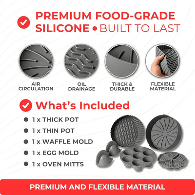 Silicone Air Fryer Liners Set of 5 – Reusable Air Fryer Liners Silicone with Egg Bite Mold, Oven Mitts – Fits 3–5 Qt Non-Stick, Food-Grade, Heat-Resistant - Tekeno