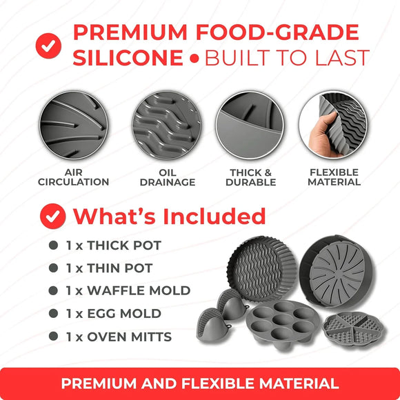 Silicone Air Fryer Liners Set of 5 – Reusable Air Fryer Liners Silicone with Egg Bite Mold, Oven Mitts – Fits 3–5 Qt Non-Stick, Food-Grade, Heat-Resistant