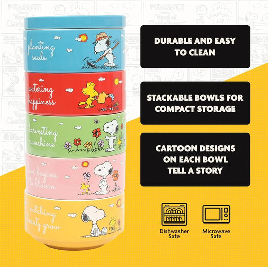 Set de 4 cuencos apilables de gres Peanuts – Snoopy y amigos, 14 cm, aptos para microondas y lavavajillas - Tekeno