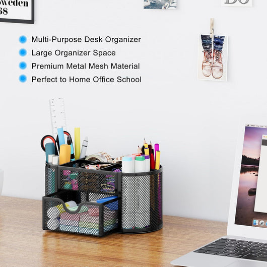 Organizador de escritorio EasyPAG de malla – Multifuncional, 6 compartimientos con cajón, ideal para papelería escolar y oficina, color negro - Tekeno