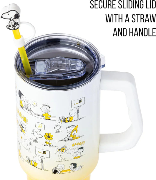 Vaso térmico de acero inoxidable Peanuts 40 oz con tapa, sorbete y asa – Apto para portavasos - Tekeno