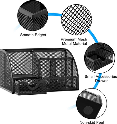 Organizador de escritorio EasyPAG de malla – Multifuncional, 6 compartimientos con cajón, ideal para papelería escolar y oficina, color negro - Tekeno