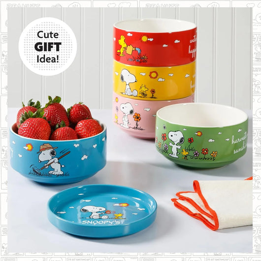 Set de 4 cuencos apilables de gres Peanuts – Snoopy y amigos, 14 cm, aptos para microondas y lavavajillas - Tekeno