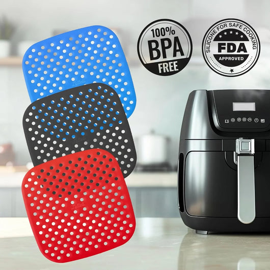 Reusable Air Fryer Liners 3 Pack for 3-5QT or Bigger - 7.5" Square Silicone Airfryer Liner - Easy to Clean Air Fryer Accessories as Seen on the Today Show - Safe Non-Stick Parchment Paper Replacer - Tekeno
