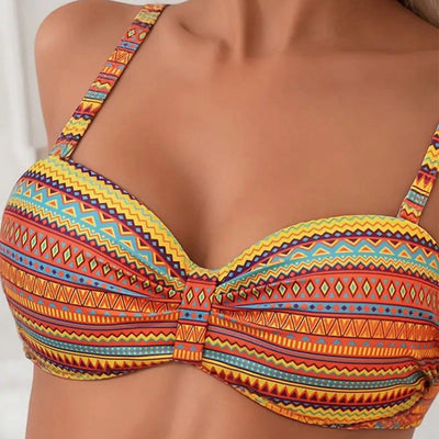 Blue, white, and black geometric print bikini with spaghetti strap bandeau top and high-waisted side-tie bottoms. - Image 5