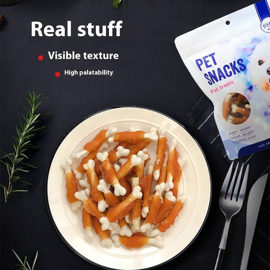 Pet Snacks chicken-wrapped milk bones in a white bag with a fluffy dog, alongside a bowl of treats. - Image 3