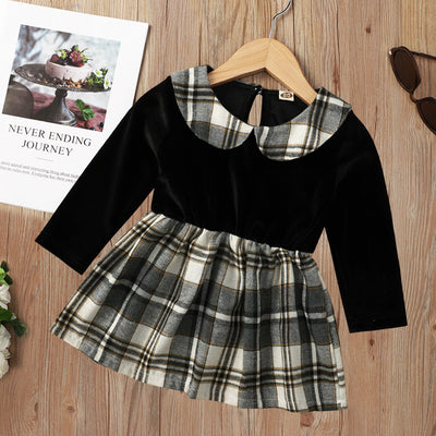 Vestido Infantil Negro Cuadros Manga Larga con Falda Corta
