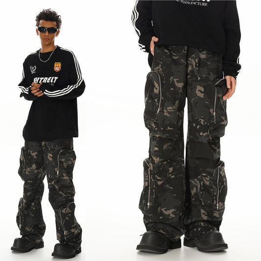 Pantalón Cargo Estilo Militar Amekaji con Múltiples Bolsillos y Corte Recto