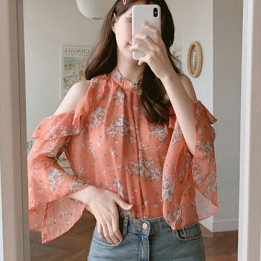 Blusa Floral Hombros Descubiertos con Mangas Acampanadas - Diseño Elegante para Primavera - Image 7