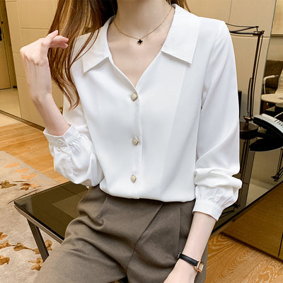 Blusa Profesional Cuello V Chifón Manga Larga Estilo Coreano Suelta - Image 9