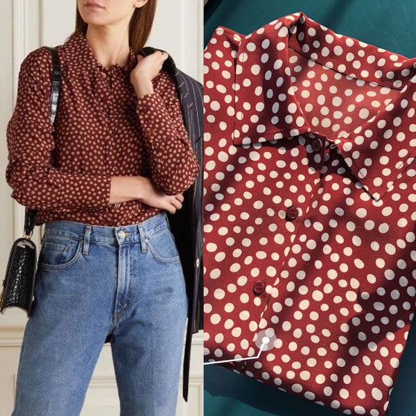 Camisa Vintage Burdeos con Lunares en Seda - Cuello Solapa Manga Larga