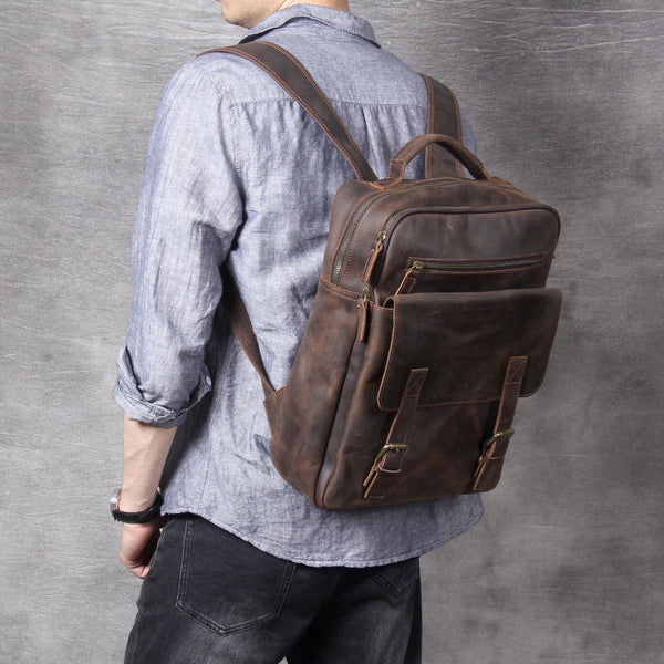 Mochila de Cuero Genuino Estilo Retro - Bolsa de Viaje Artesanal Piel Vacuno Primera Capa