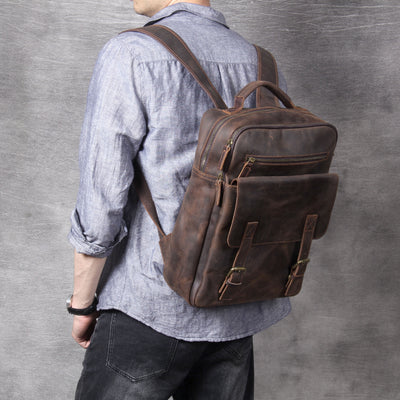 Mochila de Cuero Genuino Estilo Retro - Bolsa de Viaje Artesanal Piel Vacuno Primera Capa