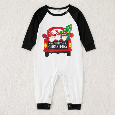 White and black raglan long-sleeve Christmas pajama top with red truck and gnome graphic, black gnome print pajama pants. - Image 13