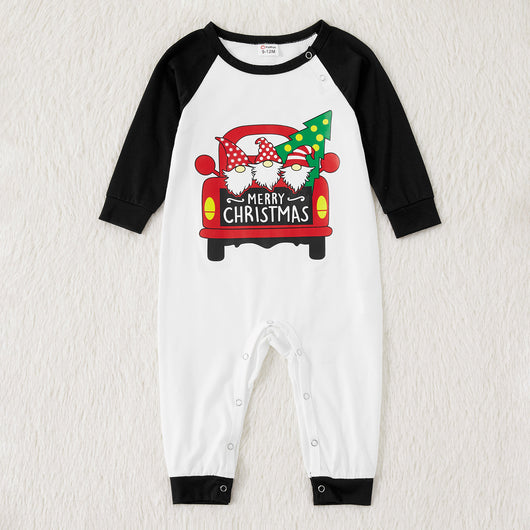 White and black raglan long-sleeve Christmas pajama top with red truck and gnome graphic, black gnome print pajama pants. - Image 13