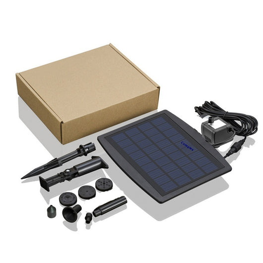 5W solar fountain kit with black solar panel on a ground stake, water pump, coiled hose, and various nozzles. - Image 24