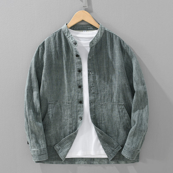 Camisa Retro de Lino con Cuello Mao para Hombre - Diseño Clásico Casual - Image 6