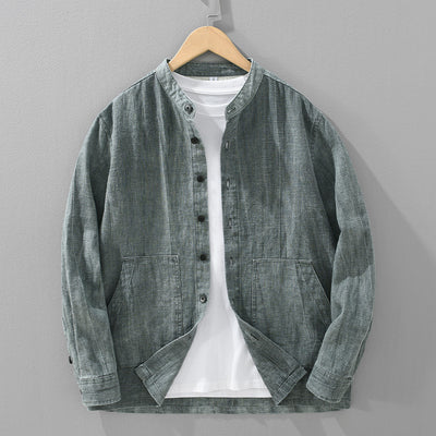 Camisa Retro de Lino con Cuello Mao para Hombre - Diseño Clásico Casual - Image 6